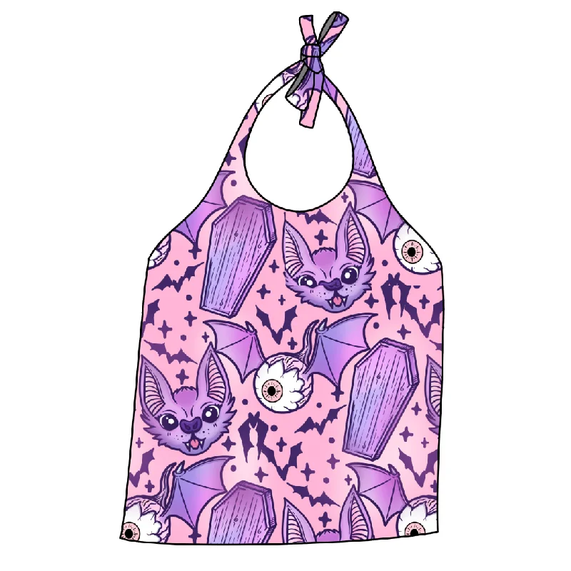 Polka dot cotton blend halter top for a retro lookCoffin Bats Pink Halter Top