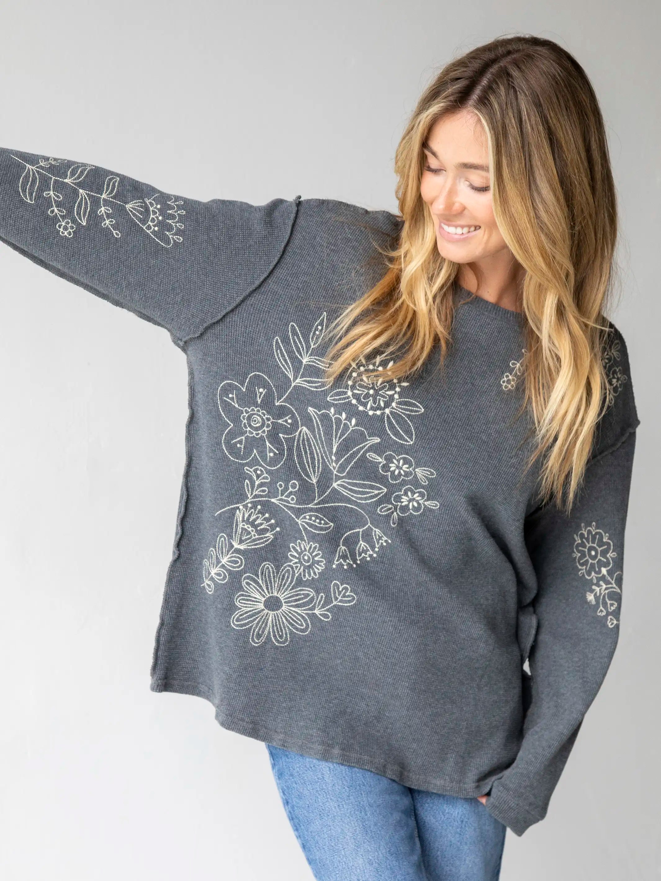 Bell - Sleeve Women's Mohair - Wool Blend SweatersAida Embroidered Thermal - Charcoal Folk Flowers Bell - Sleeve Women's Mohair - Wool Blend SweatersAida Embroidered Thermal - Charcoal Folk Flowers